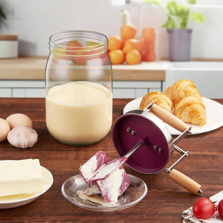 Butterfass Glas mit Handkurbel, 1,5L Butterfass Zum Butter Machen Mit Holzgriff Edelstahlgetriebe Ma