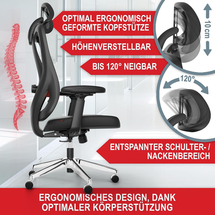 Onbest ergonomischer Premium Bürostuhl – individuell ergonomisch verstellbare Lordosenstütze, Kopfst