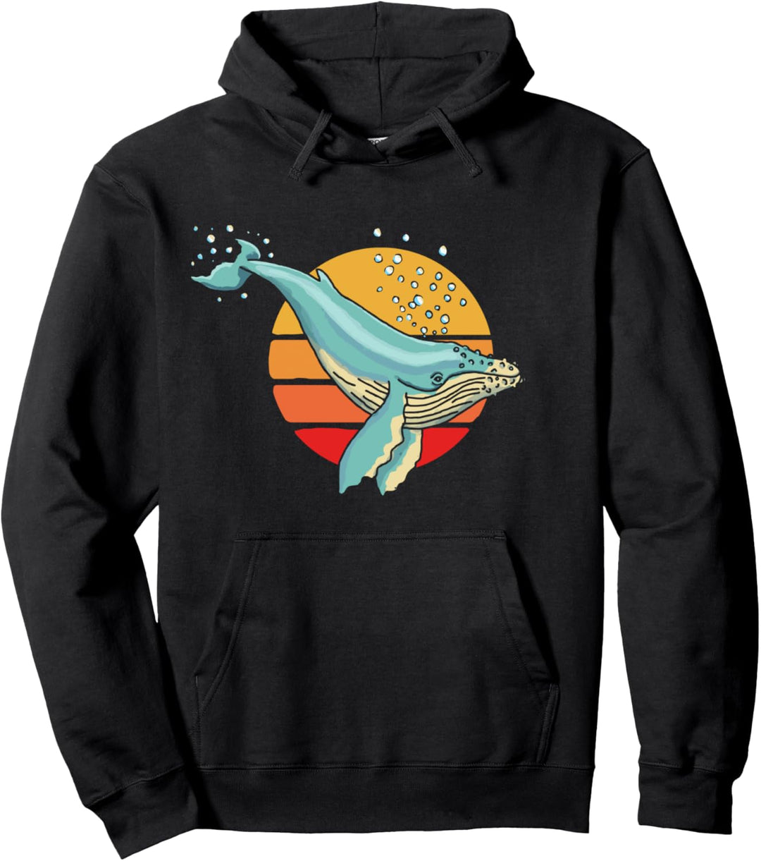 Minimalist Diving Humpback Whale 80's Vibe Sun Retro Graphic Pullover Hoodie