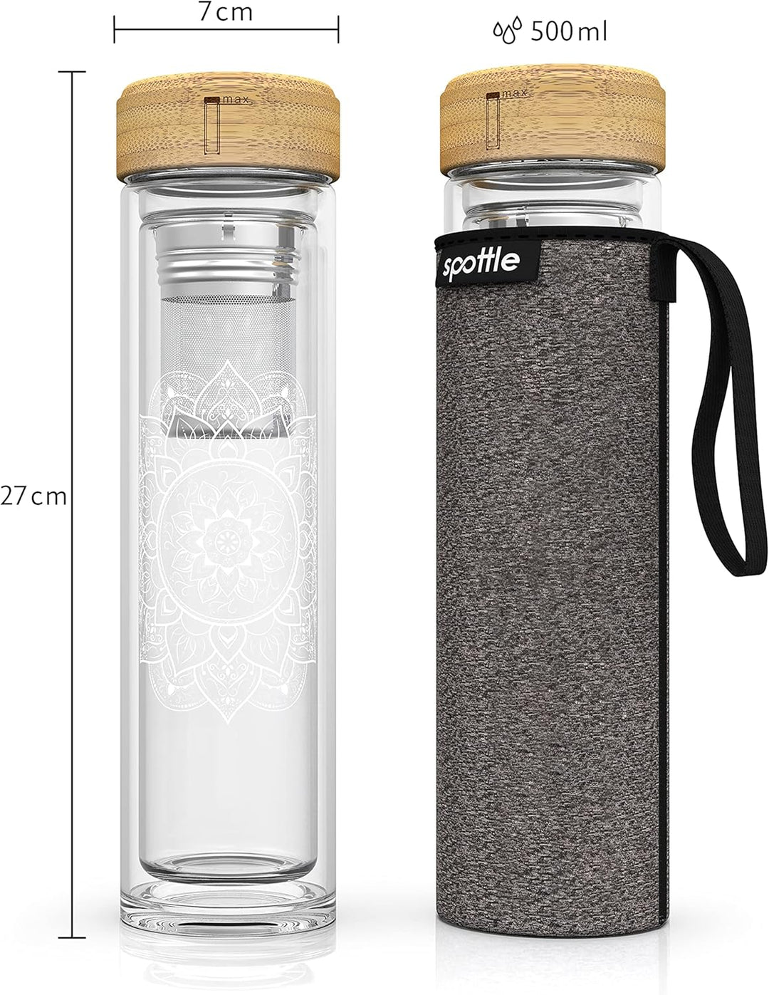 spottle Teeflasche mit sieb to go - Trinkflasche für Tee aus Glas in 500ml, 650ml, 1 Liter - Teekann