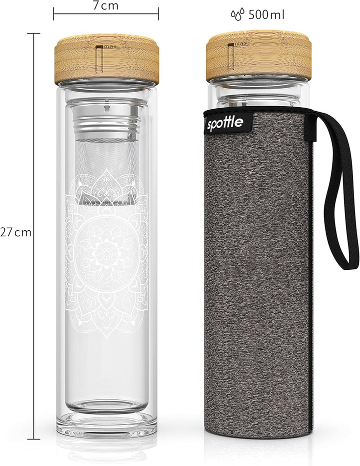 spottle Teeflasche mit sieb to go - Trinkflasche für Tee aus Glas in 500ml, 650ml, 1 Liter - Teekann