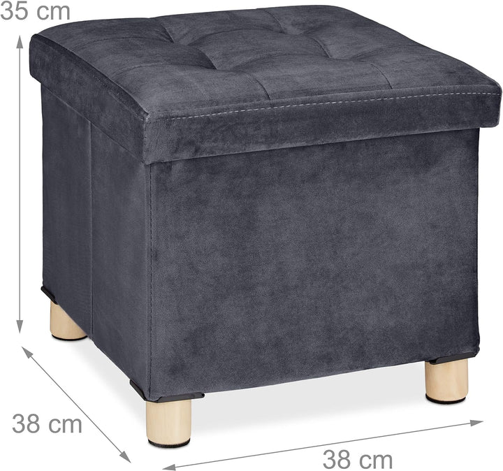 Relaxdays Samthocker mit Stauraum, Tablett im Deckel, mit Holzbeinen, eckiger Sitzhocker, HBT: 35x38