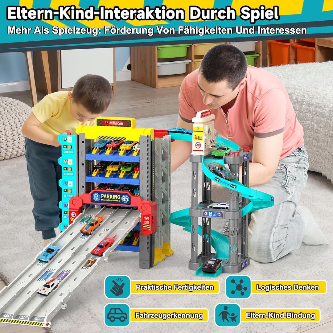 JONRRYIN Autorennbahn für Kinder, Rennstrecke Auto mit 5 Stockwerke Parkhaus, Spielzeug Rennbahn mit