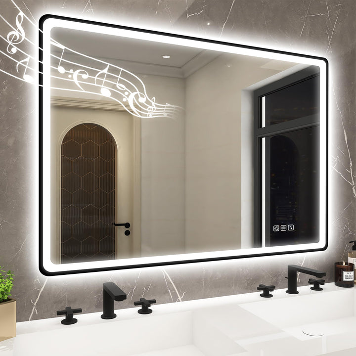 STARLEAD 70x100cm Schwarz LED-Badspiegel-mit-Beleuchtung und Bluetooth, Entfoggen, Dimmbar, 3 Lichtf