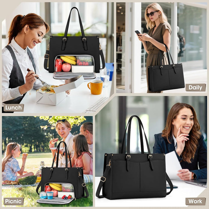 RAINSMORE Laptoptasche Arbeitstasche Damen Gross mit Isolierted Kühlfach Schwarz, Schwarz