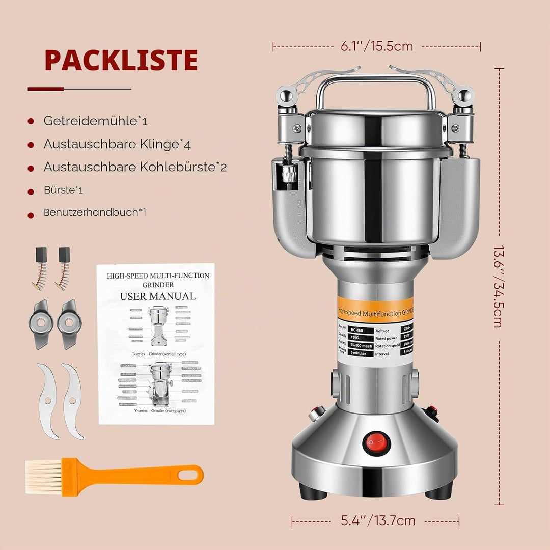 Kotsy Getreidemühle, 150 g, tragbar, 850 W, elektrische Gewürzmühle, 3 Klingen für verschiedene Getr