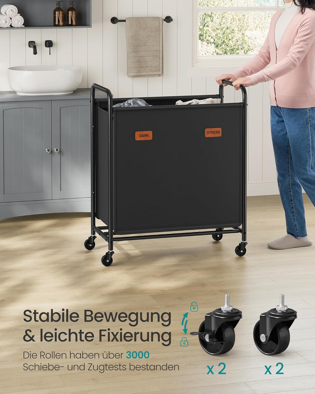 SONGMICS Wäschekorb mit Rollen, Wäschesammler 2 Fächer, 140 L Wäschesortierer, beweglicher Wäschewag