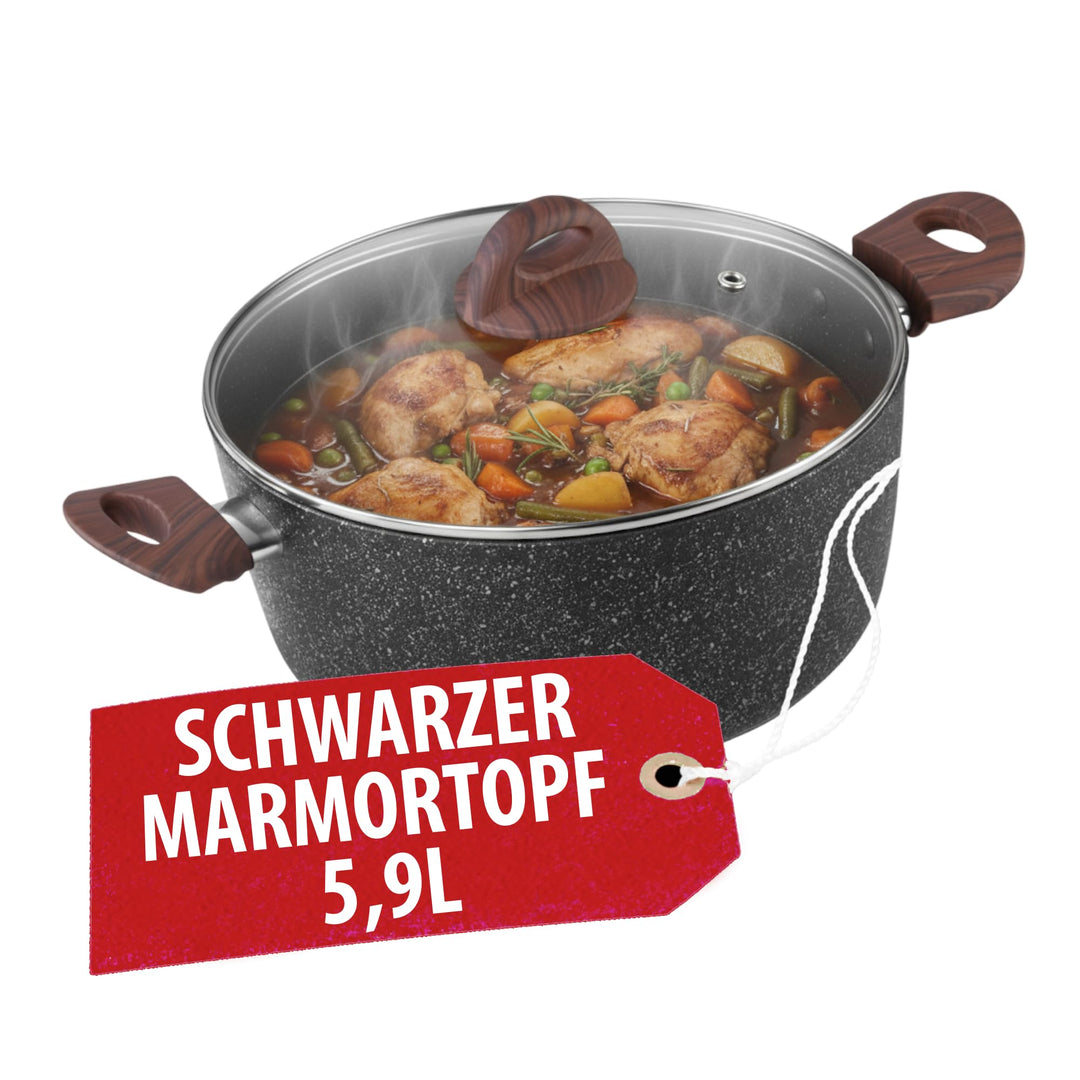 MAGIC HOME Aluguss Topf 28 cm INDUKTION | Marmor Antihaft | Grosser Beschichteter Kochtopf mit Glasd