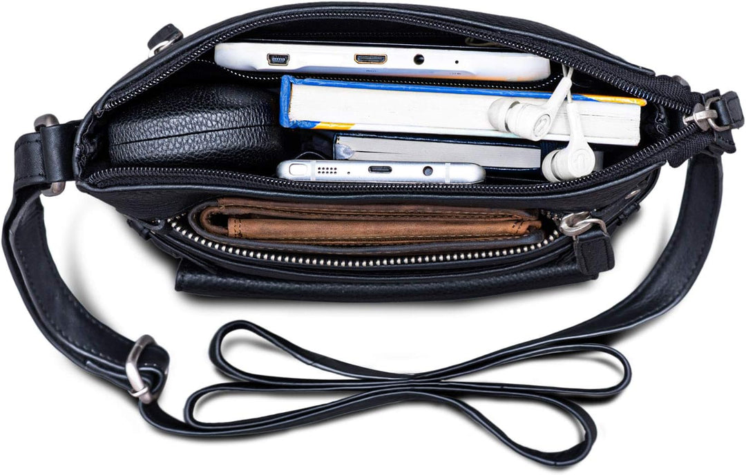 ROYALZ 'Madison' Vintage Handtasche Damen schwarz Umhängetasche klein kompakte Ledertasche, Schwarz