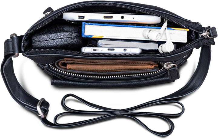 ROYALZ 'Madison' Vintage Handtasche Damen schwarz Umhängetasche klein kompakte Ledertasche, Schwarz