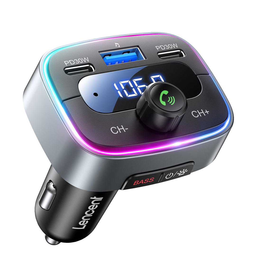 LENCENT Bluetooth 5.4 FM Transmitter Auto Bluetooth Adapter, 60 W PD 30 W Dual-USB-C-Schnellladung,