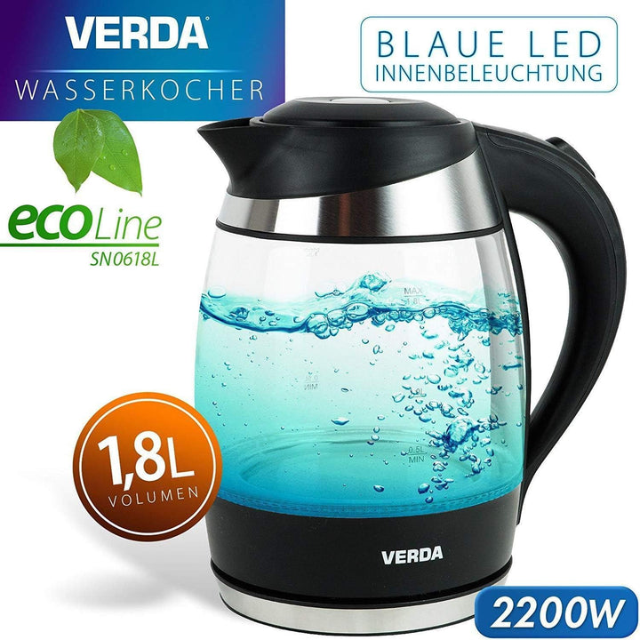 Verda Wasserkocher 1,8L 2200W Edelstahl LED Beleuchtung Kabelloss Glas Kalkfilter, Glas, 360°, 100%