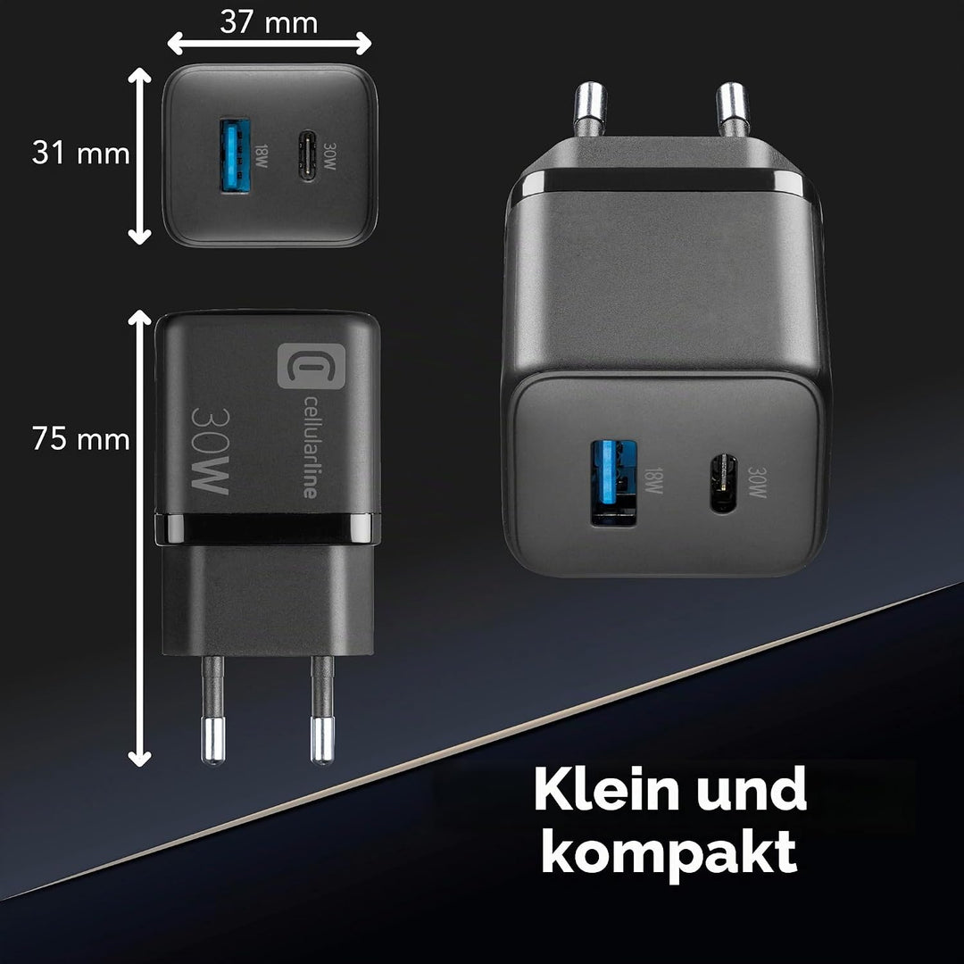 Cellularline | Multipower Micro Netzladegerät | Super Fast Charger 30W mit 2 USB-C-Anschlüssen - aus