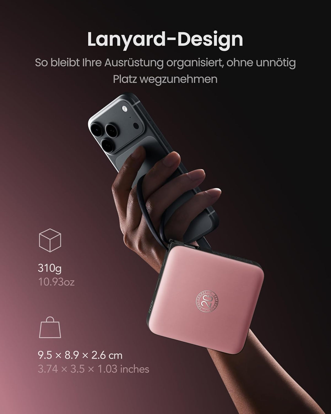 Powerbank 20000mAh USB-C 22.5W Schnellladung, Tragbarer Akku mit 4 Integrierten Kabeln & LED-Display