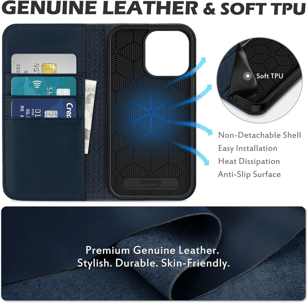 SHIELDON Hülle für iPhone 13 Pro, Handyhülle Schuzhülle [Echtleder] [Schützt vor Stoss] [Verdichtes