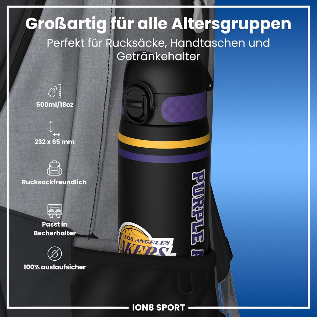 ion8 NBA Los Angeles Lakers Trinkflasche, 500 ml, Auslaufsicher, Einhandöffnung, Sichere Verriegelun