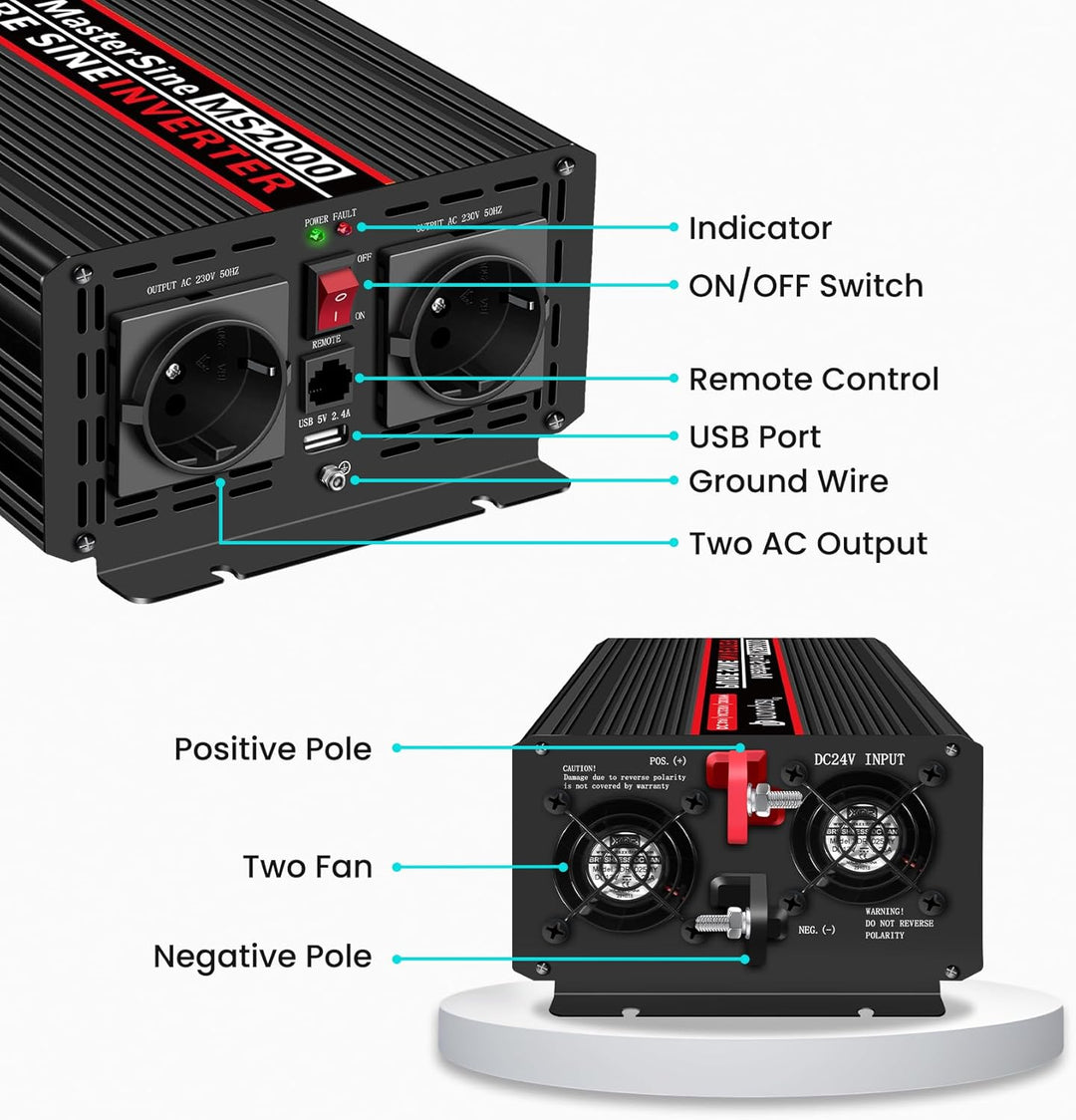 novopal 2000W KFZ Reiner Sinus Spannungswandler-Auto Wechselrichter 24v auf 230v Umwandler-Inverter