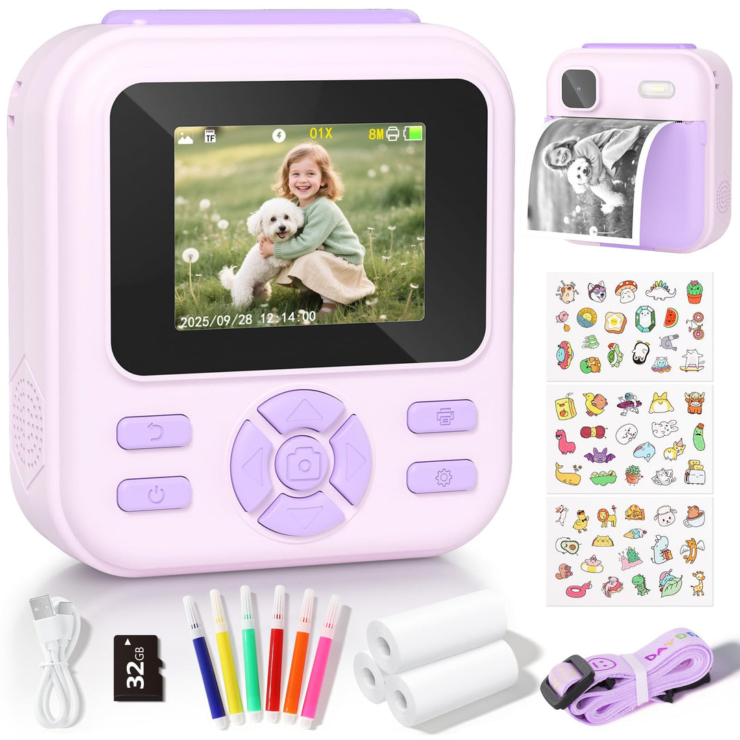 YOHOOLYO Sofortbildkamera Kinder 2,4 Zoll 1080P HD Kinderkamera mit 3 Rollen Druckpapier 32GB Karte