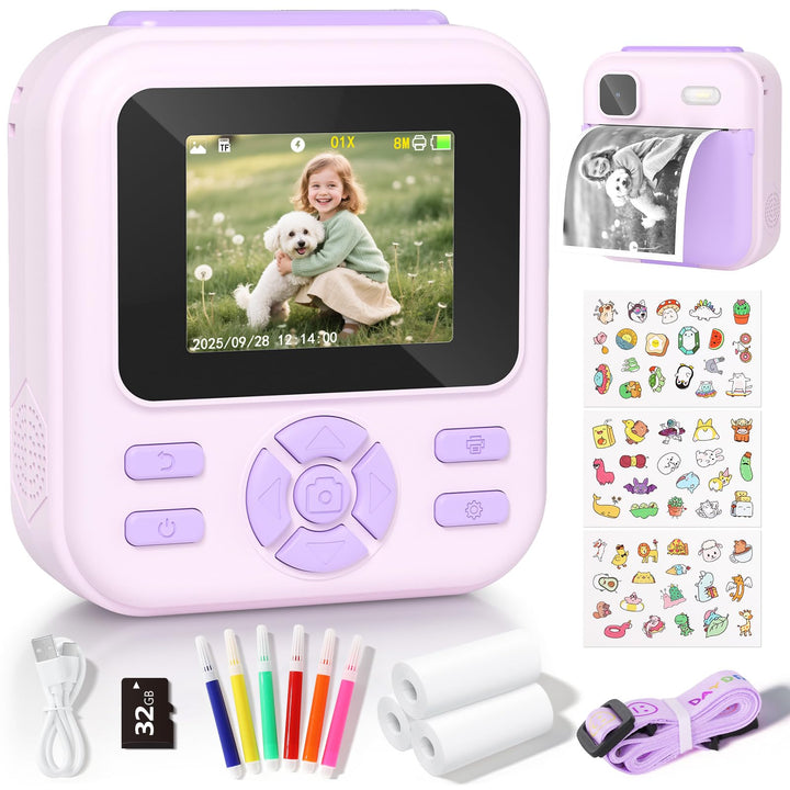 YOHOOLYO Sofortbildkamera Kinder 2,4 Zoll 1080P HD Kinderkamera mit 3 Rollen Druckpapier 32GB Karte