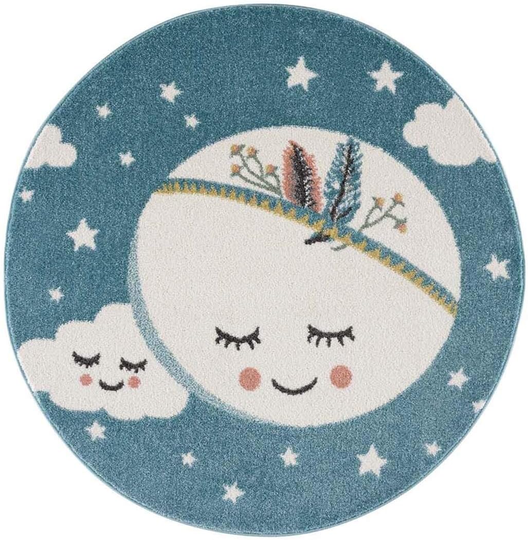 carpet city Kinderteppich Kinderzimmer Blau - 120 cm Rund - Mond Sterne - Kinderzimmerteppiche Mädch