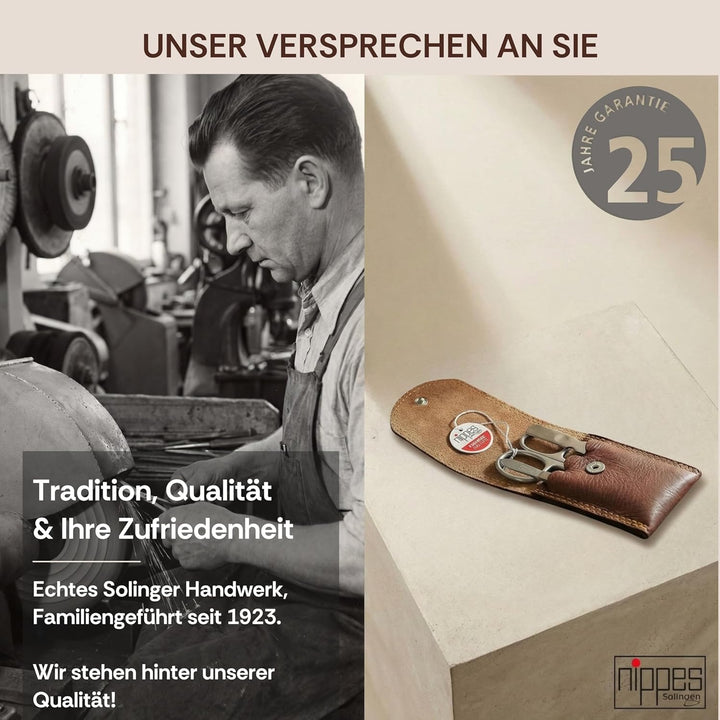 nippes Solingen Classic Premium-Maniküre Set, 3-teilig, Echtes Rindsleder-Nageletui, braun, Edelstah