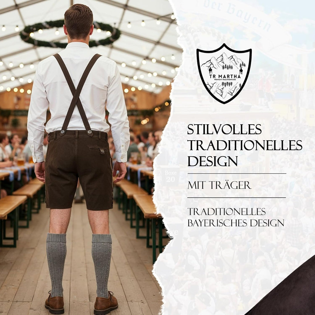 Premium Lederhose für Herren - Elegante Trachtenhose Gr.46-60 - Kurze Trachten Lederhose mit Träger