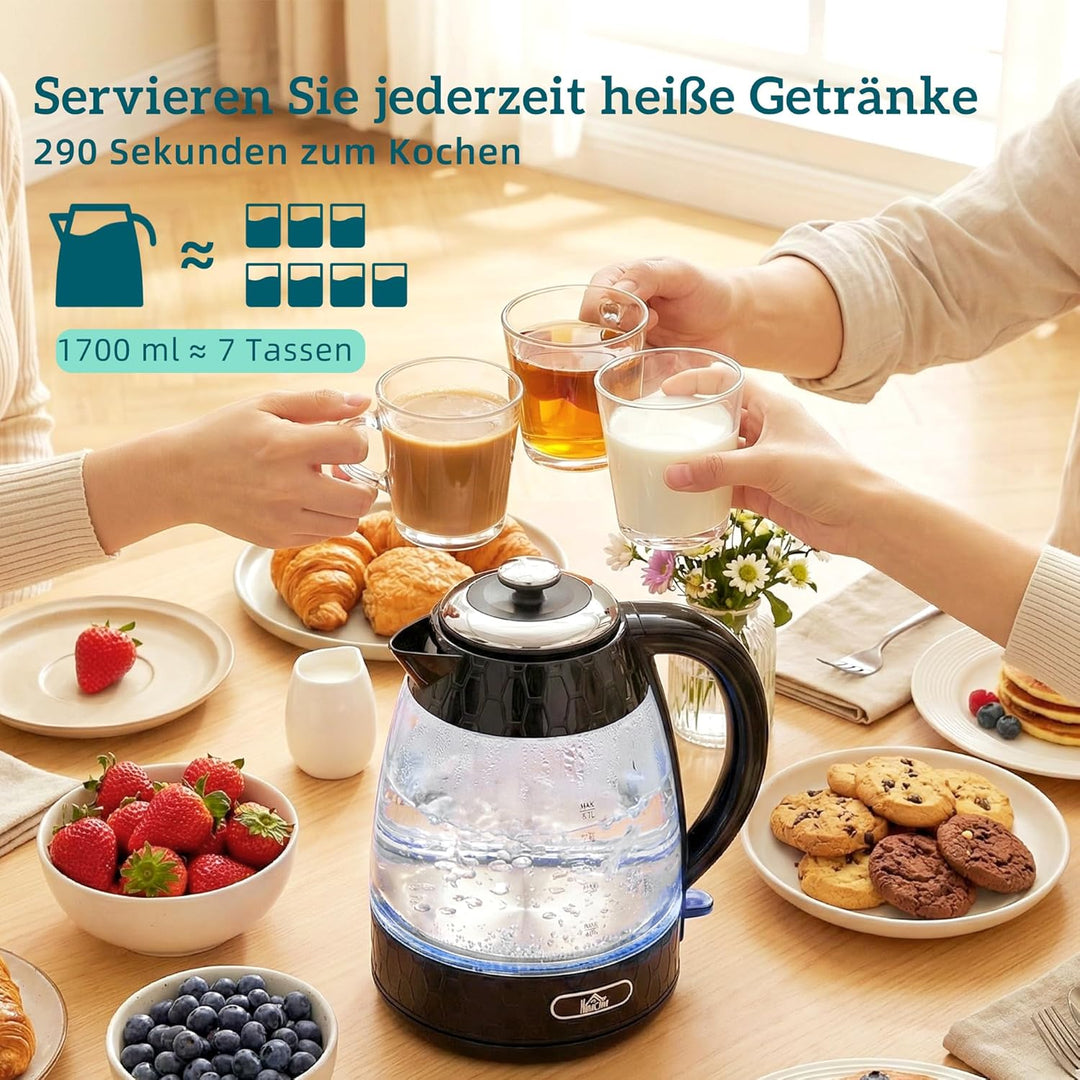HOMCOM Wasserkocher Toaster Set, 1,7L 2200W Schnellkoch-Wasserkocher mit Kalkfilter, 4-Scheiben-Toas