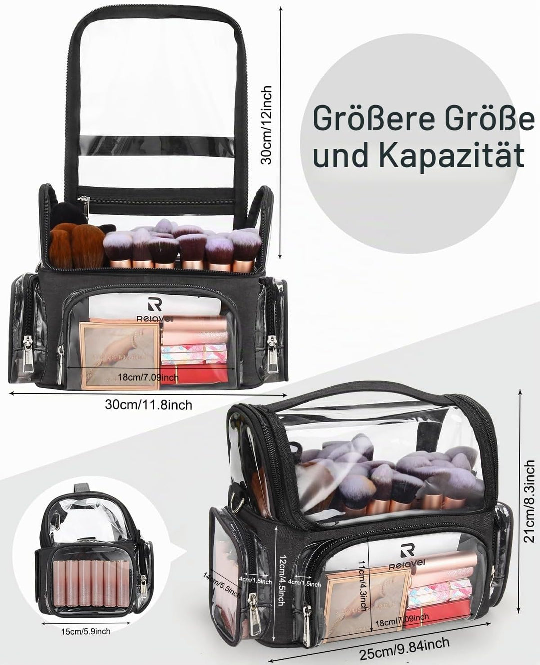 Relavel Make-up Pinsel Tasche, Transparente Kosmetiktasche Portable Grosse Makeup Pinselhalter Profe