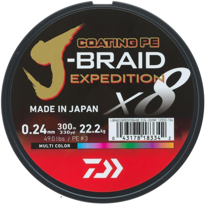 DAIWA J-Braid Expedition X8E, 300m, Multi-Color/Mehrfarbig, Geflochtene Angelschnur 300m / 0,18mm /