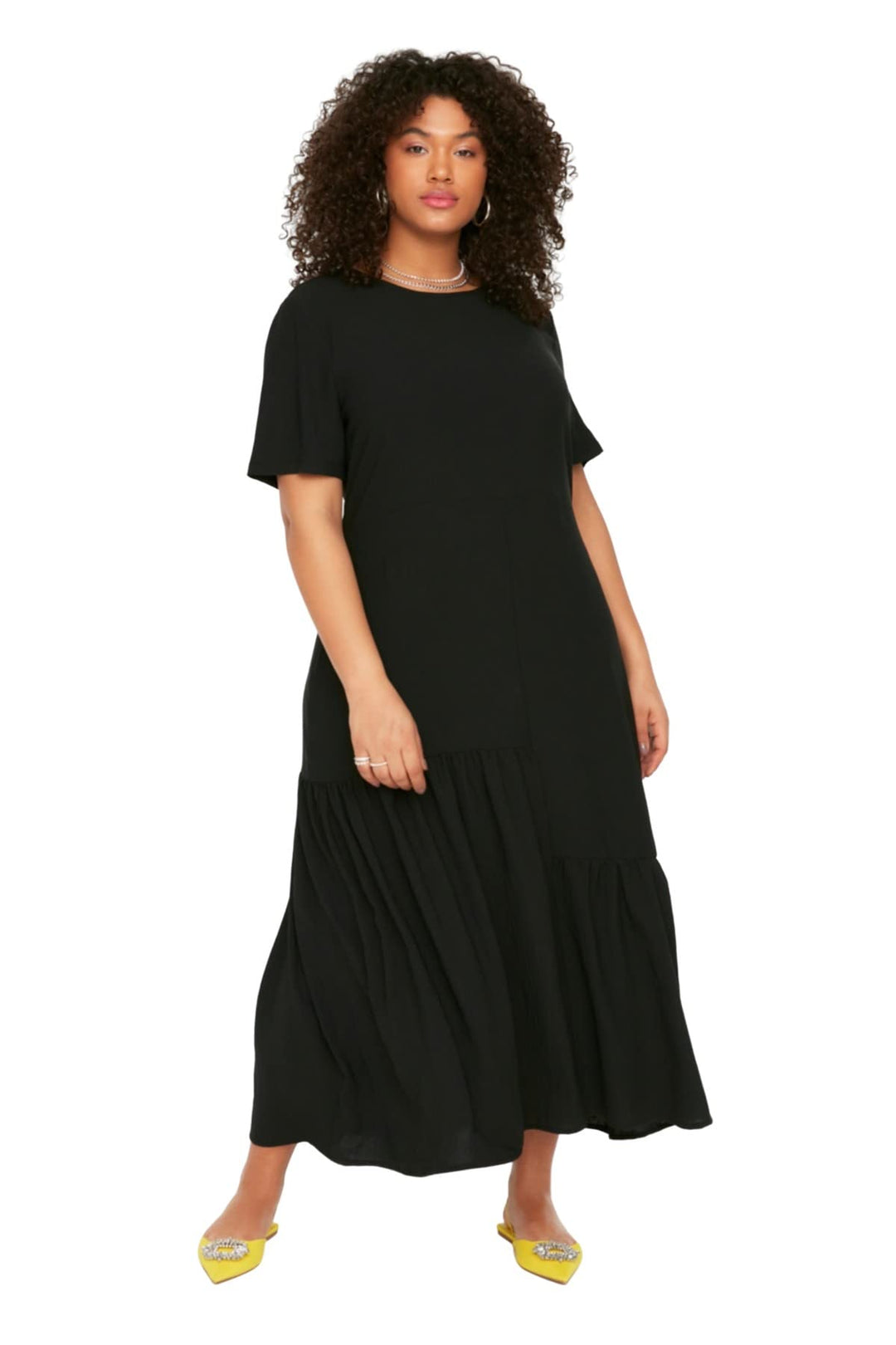 TRENDYOL Damen Women Ruffle Hem Dress Maxi Rüschen Saum Oversize Woven Plus Size Kleid 42 Schwarz, 4