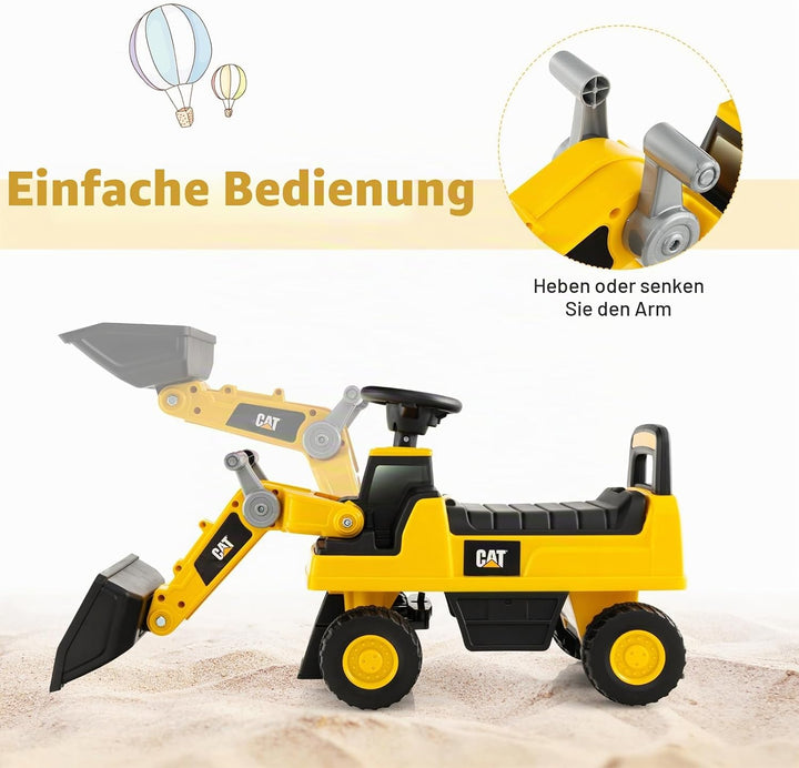 SOARS Sitzbagger, Kinderbagger mit Lenkbarer Schaufel, Rutschauto mit Hupe, verstecktem Stauraum & K