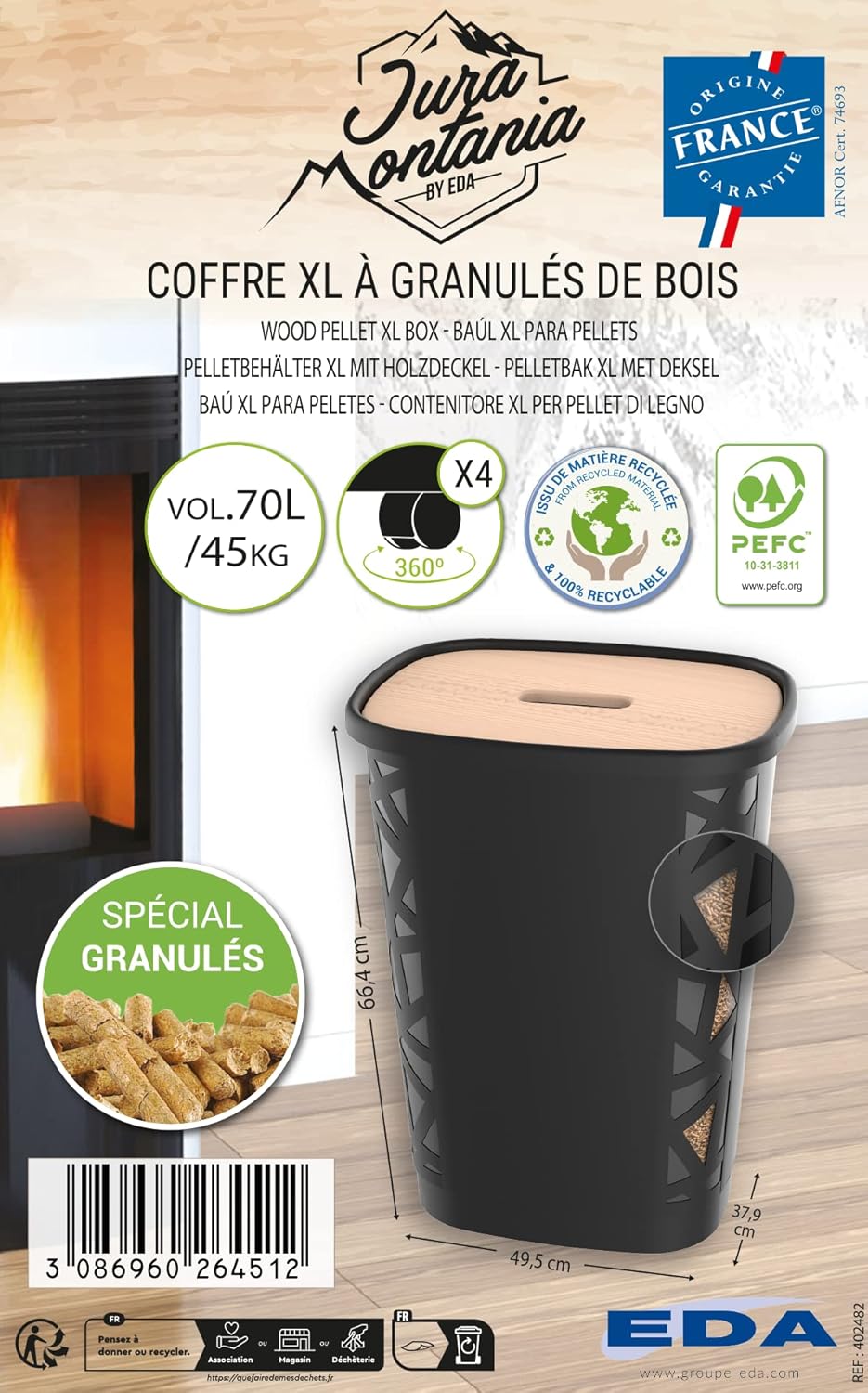 EDA - Pelletkasten Jura Montania XL mit Rollen, 70 l – für 45 kg Pellets – Schwarz, 010482 NO, 49,6
