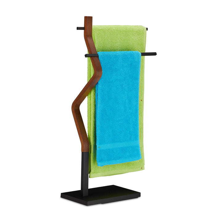 Relaxdays Handtuchhalter stehend, Handtuchständer, 2 Stangen, für Hand- & Geschirrtücher, Holz & Met