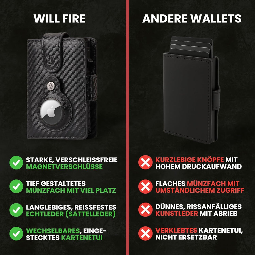 Will Fire® AirTag Wallet | Inkl. Airtag Anhänger | Echtleder Geldbörse mit Münz- & Scheinfach | Extr