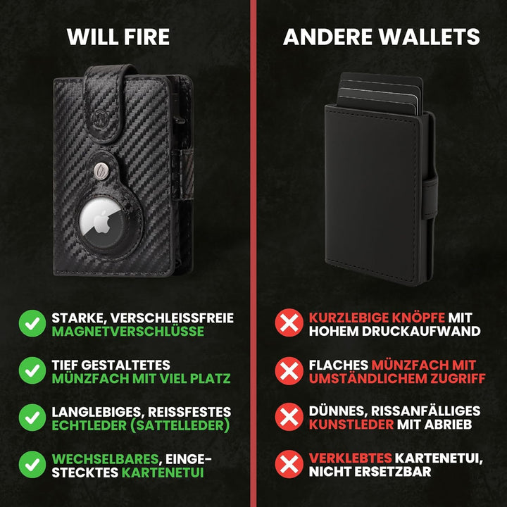 Will Fire® AirTag Wallet | Inkl. Airtag Anhänger | Echtleder Geldbörse mit Münz- & Scheinfach | Extr