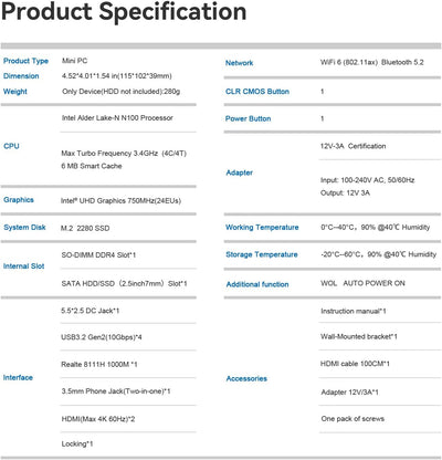 Beelink Mini S12 Pro Mini PC, Intel Alder Lake-N100 (4C/4T, bis 3.4GHz), 16GB DDR4 RAM 500GB M.2 228