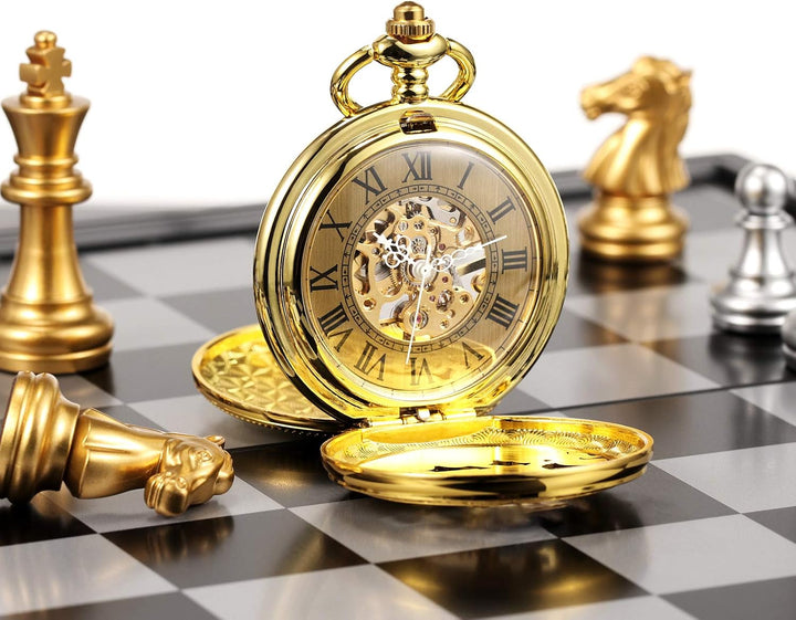 TREEWETO Unisex Taschenuhr Mechanisch Doppelter Abdeckung Fullmetal Alchemist Skelett Steampunk Für