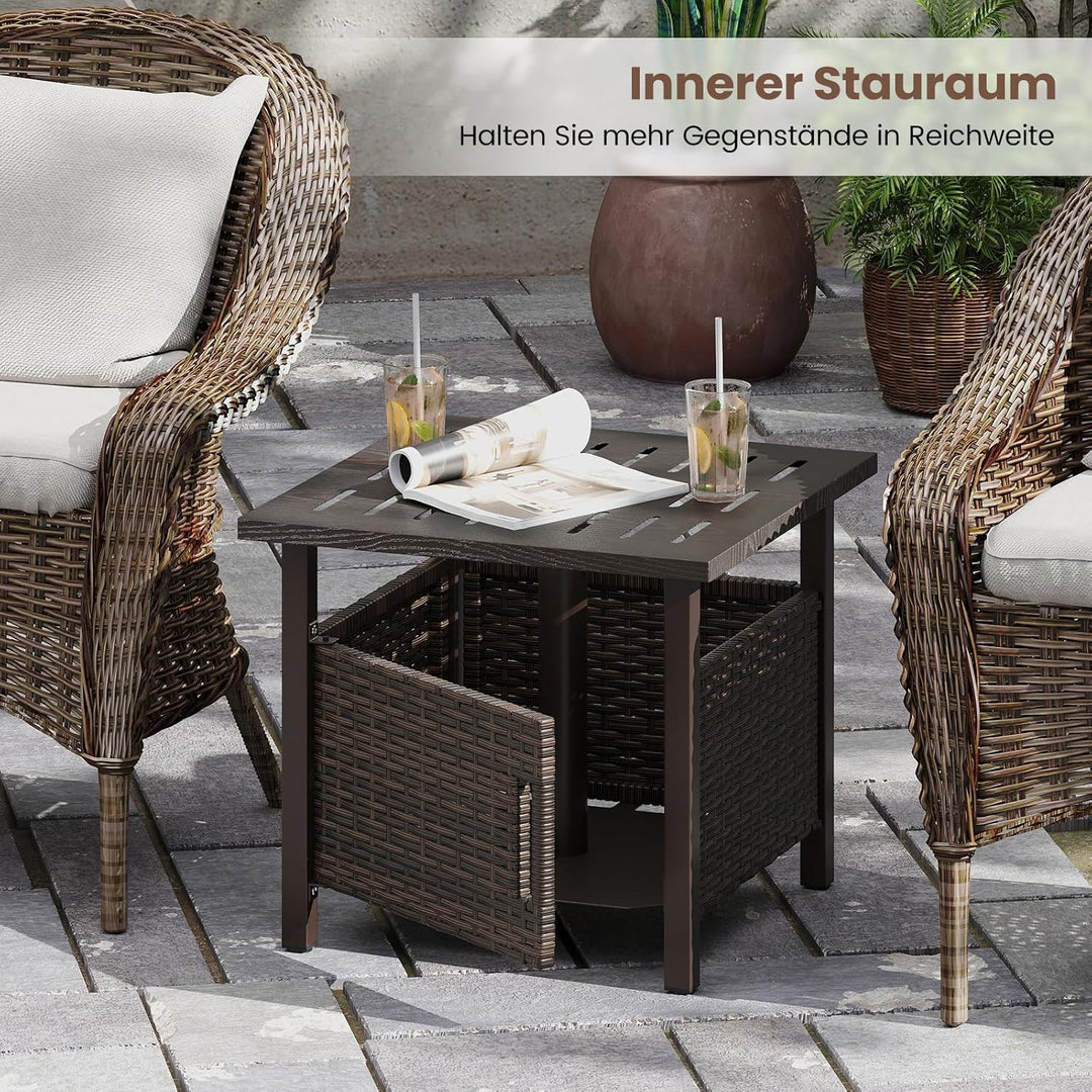 COSTWAY Beistelltisch Outdoor wetterfest, Rattan Gartentisch mit Schirmloch und 2 Sandsäcken, Kleine