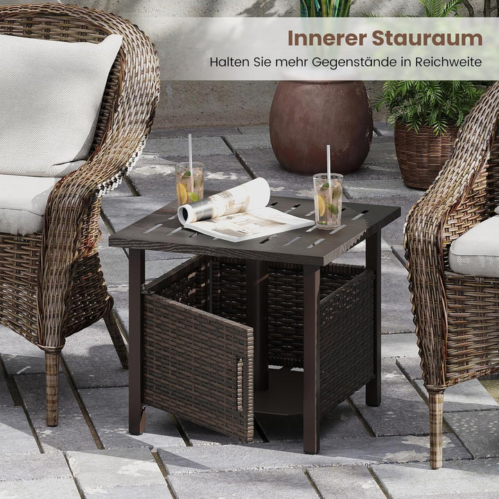COSTWAY Beistelltisch Outdoor wetterfest, Rattan Gartentisch mit Schirmloch und 2 Sandsäcken, Kleine