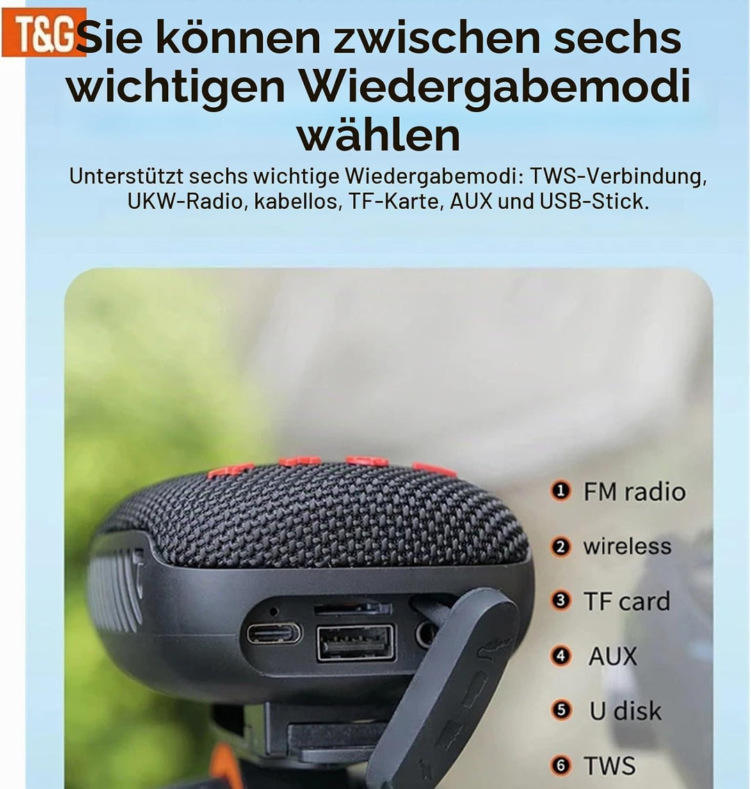 T&amp;G Tragbarer Bluetooth-Fahrrad-Lautsprecher: wasserdichter kabelloser Mini-Lautsprecher mit Fahrrad