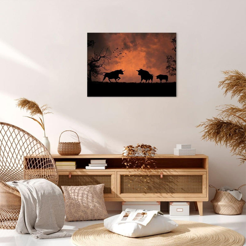 Bilder auf Leinwand Tier wütend Stier Leinwandbild mit Rahmen 70x50cm Wandbilder Dekoration Wohnzimm