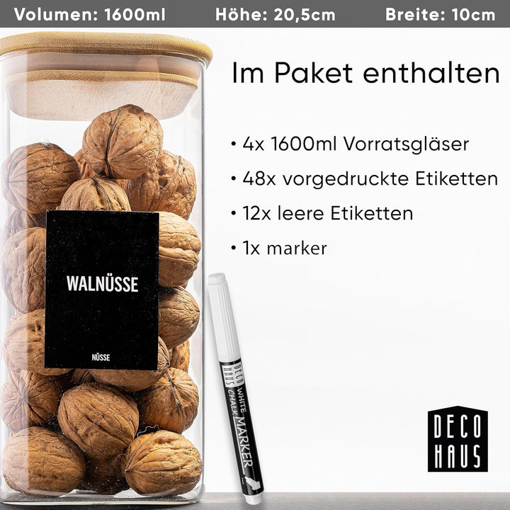 Deco haus® Vorratsgläser mit Deckel 4er Set + Etiketten [LUFTDICHT] - Für Müsli, Cornflakes, Spaghet