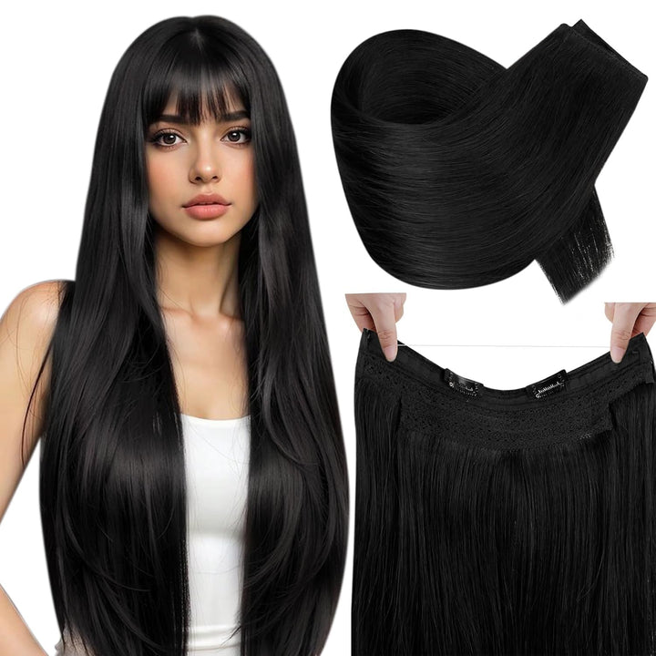 RUNATURE Adjustable Draht Hair Extensions Echthaar Fish Line Hair Extensions Farbe Pech Schwarz 80g