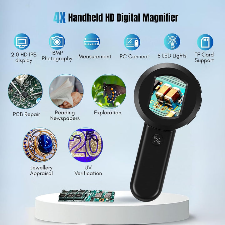 Digitales Lupe 2.0" IPS-Bildschirm 4X Digitale Handlupe mit 8 LED-Leuchten für Erwachsene, 16MP Hand