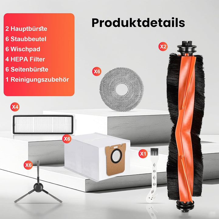25 Stück Zubehör für Xiaomi X20 Max / X20 Pro Saugroboter, Ersatzteile 2 Hauptbürste 6 Staubbeutel 6