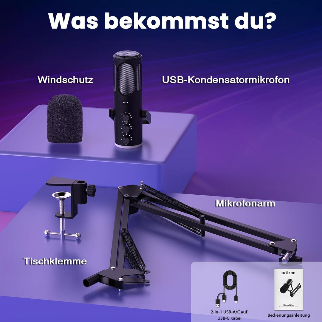 Ortizan Gaming Mikrofon PC, USB Podcast Mikrofon für PS4/5 und Mac, Noise Cancellation Kondensator M