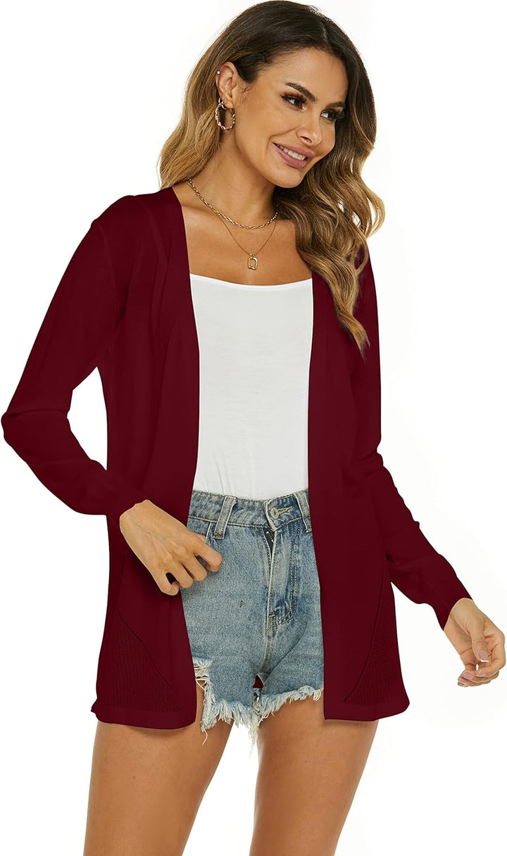 Damen Strickjacke Sommer Cardigan Elegant Lang Jacke Leichte Langarm Offene Strickjacke Sommerjacke
