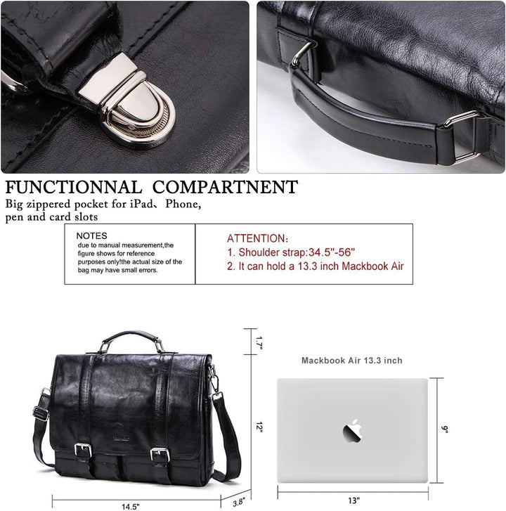 Contacts Echtes Leder 14" Herren Messenger Schultertasche Laptop Aktentasche Schwarz, Schwarz