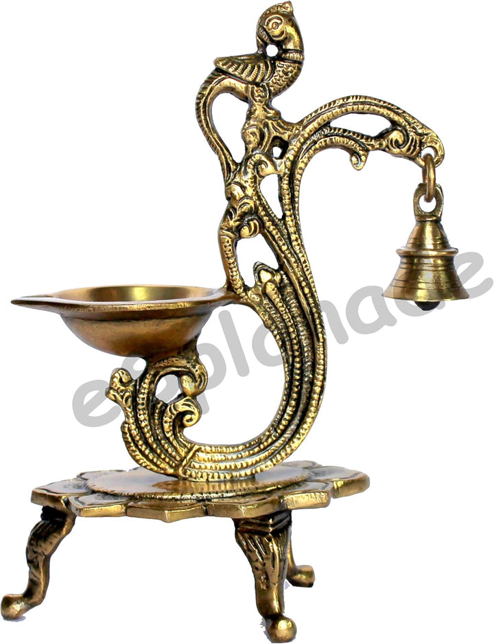 eSplanade Lotos runde Messingdiya-Öllampe für Haus und Büro Peacock Diya mit Bell Golden Peacock Diy
