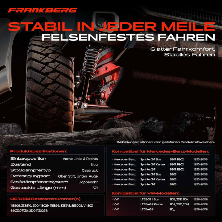 Frankberg 2x Stossdämpfer Gasdruck Vorderachse Kompatibel mit Sprinter 2-T/3-T 1995-2006 LT 28-35 II